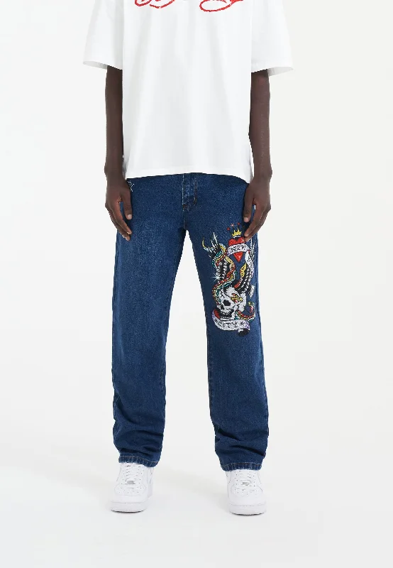 Men's Low - Rise Jeans in a Light Wash for a Casual and Youthful LookMens Nyc-Skull Diamante Denim Trousers Jeans - Indigo