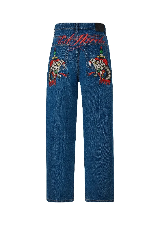 Men's High - Waisted Jeans in a Medium Wash for a Vintage - Style RevivalMens Snake Sever Tattoo Graphic Relaxed Denim Trousers Jeans - Indigo