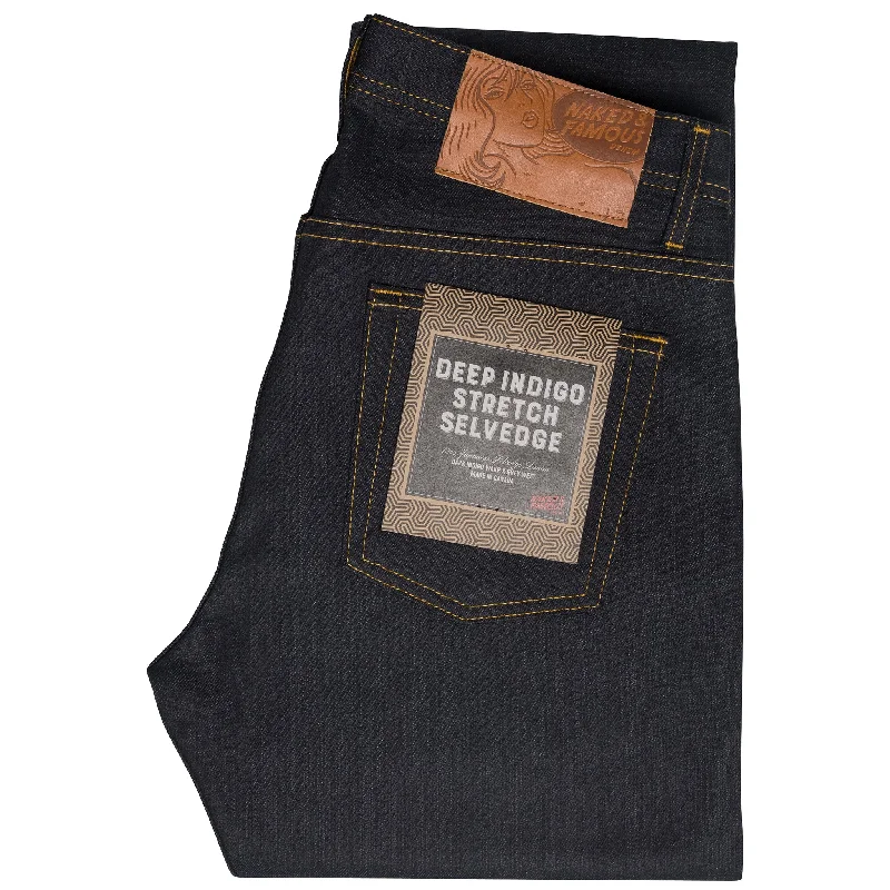 Men's High - Waisted Jeans in a Medium Wash for a Vintage - Style RevivalWeird Guy - Deep Indigo Stretch Selvedge