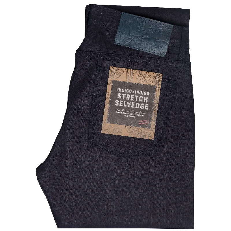 Men's Distressed Jeans with Patches for a Retro and DIY - Inspired AppearanceWeird Guy - Indigo / Indigo Stretch Selvedge