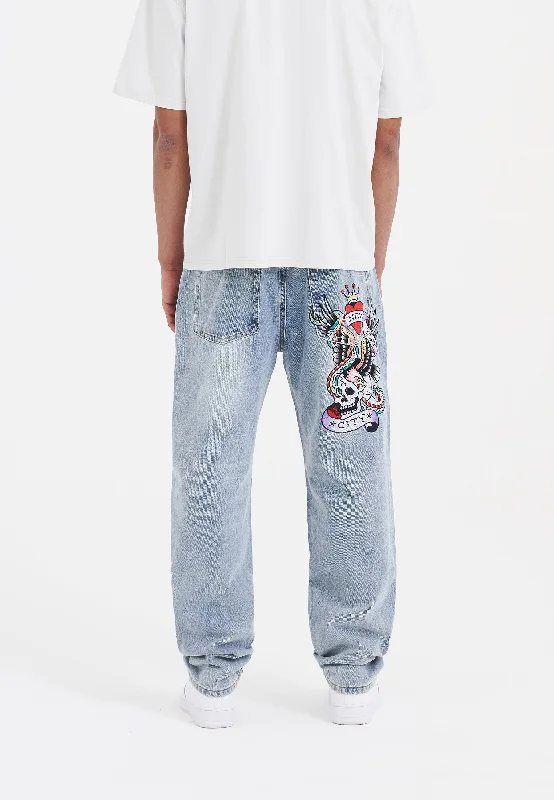 Men's Straight Leg Raw Denim Jeans for a Minimalist and Durable OptionMens Nyc-Skull Tattoo Graphic Denim Trousers Jeans - Bleach