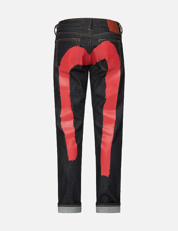 Men's Jeans with a Frayed Hem for a Casual and Effortless StyleRed Brushstroke Daicock Slim Straight fit Jeans #2010