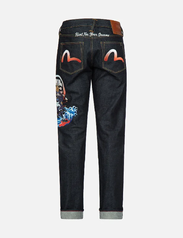 Men's Jeans with a Zip - Off Lower Leg for Convertible StyleSamurai Print and Seagull Embroidery Slim-Fit Jeans #2010