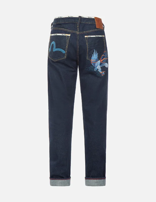 Men's Jeans with a Button - Fly for a Traditional and Classic AestheticSeagull and Eagle Embroidery Carrot Fit Jeans #2017