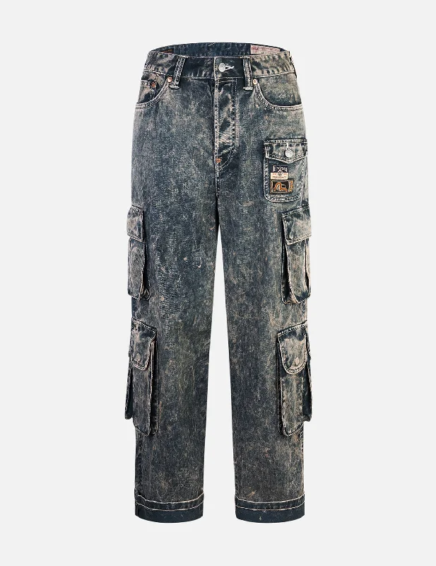 Men's Jeans with a Cargo - Inspired Knee Pocket for Extra StorageSeagull Print and Multi-Pockets Acid Wash Baggy Cargo Jeans