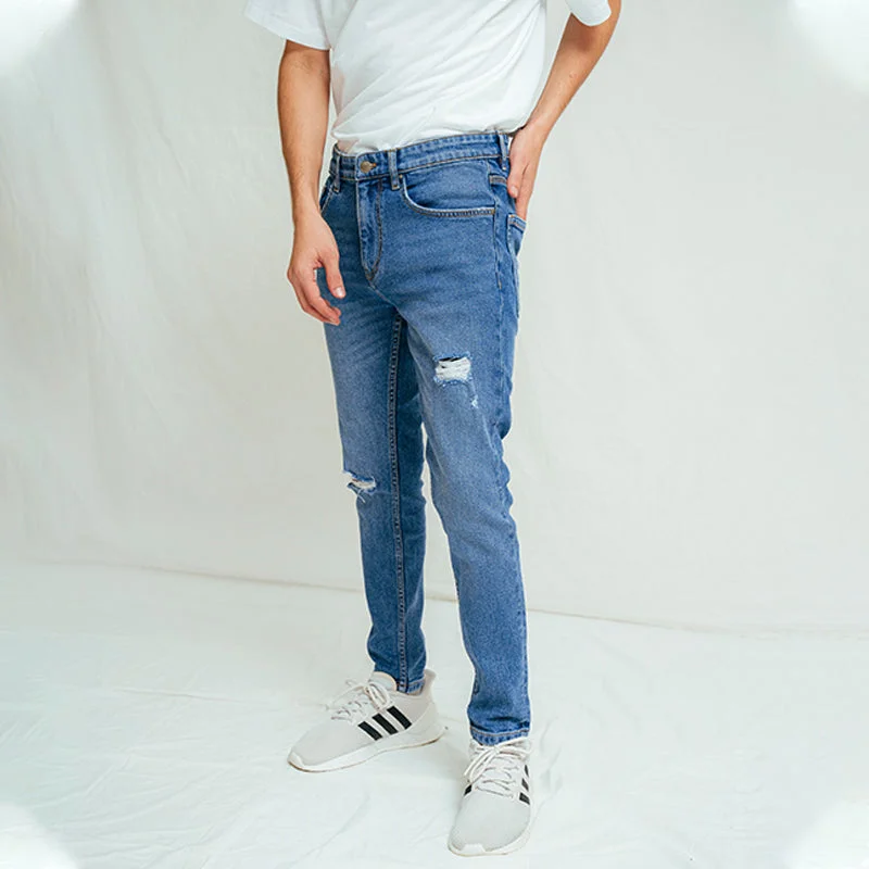 Men's High - Waisted Jeans in a Medium Wash for a Vintage - Style RevivalSkinny Fit Ripped Blue Jeans