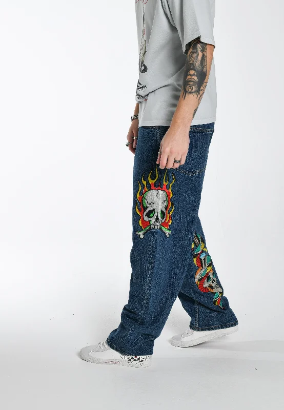 Men's Jeans with a Button - Fly for a Traditional and Classic AestheticMens Skull-Snake-Dagger Tattoo Graphic Denim Trousers Jeans - Indigo