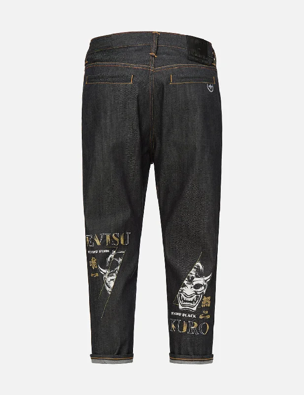 Men's Distressed Jeans with Patches for a Retro and DIY - Inspired AppearanceSlashed Hannya Skull Print Cropped Fit Jeans #2027