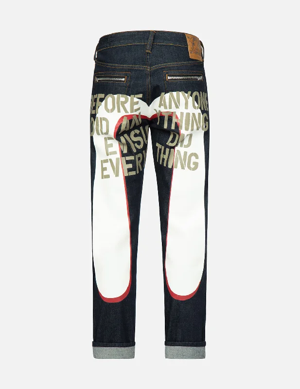 Men's Ripped Skinny Jeans in Acid Wash for an Edgy and Punk - Inspired StyleStencil Slogan and Layered Daicock Print Carrot-Fit Jeans #2017