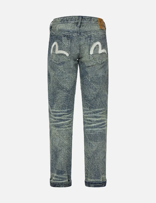 Men's Distressed Jeans with Patches for a Retro and DIY - Inspired AppearanceWashed Seagull Embroidery Regular Straight Fit Jeans #2008