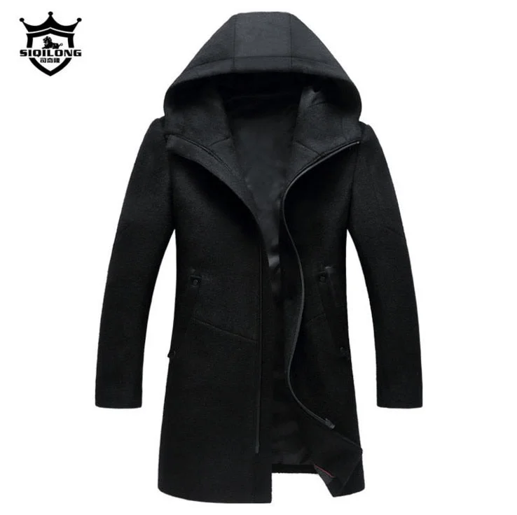 Performance - driven men jackets with breathable fabric for sportsAutumn Winter British style men's wool coat New design Zipper Long trench coat Brand Clothing Top quality hooded woolen coat men