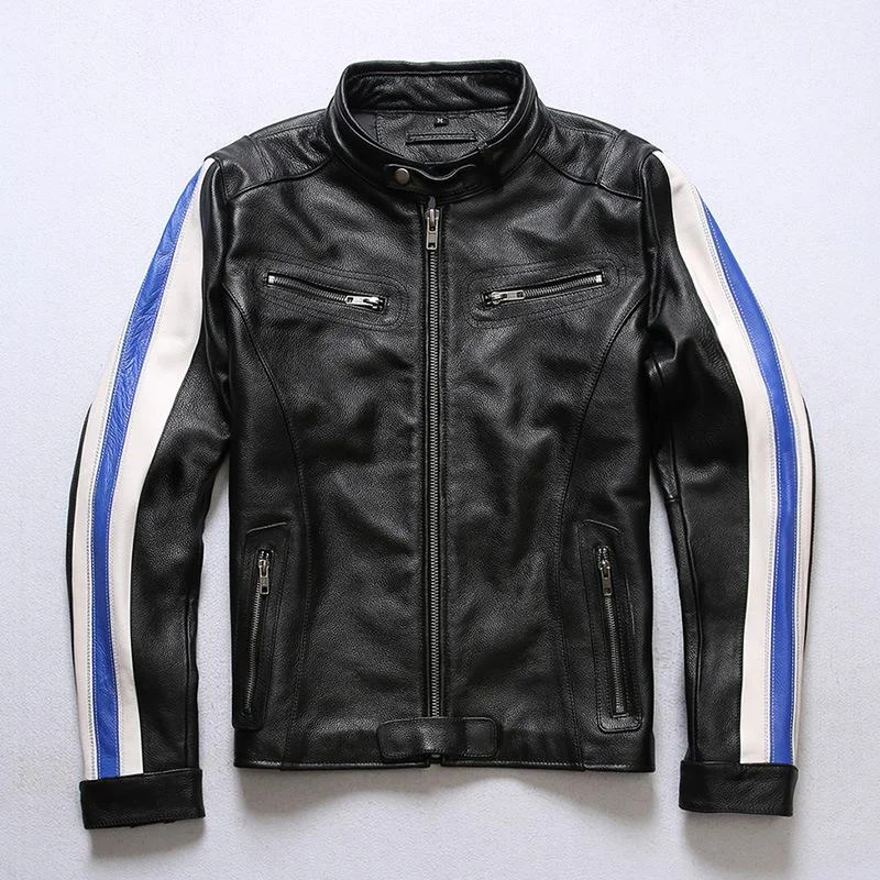 Men jackets with a built - in hood that can be stowed away when not in useBlue Streak Full Grain Motorcycle Jacket