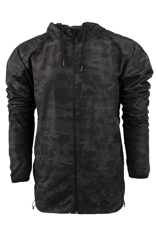 Men jackets with a media - friendly pocket for easy access to gadgetsBurnside Mens Water Resistant Full Zip Hooded Windbreaker Jacket - Black Camo