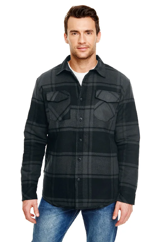 Men jackets with a built - in hood that can be stowed away when not in useBurnside Mens Quilted Flannel Button Down Shirt Jacket - Black Plaid