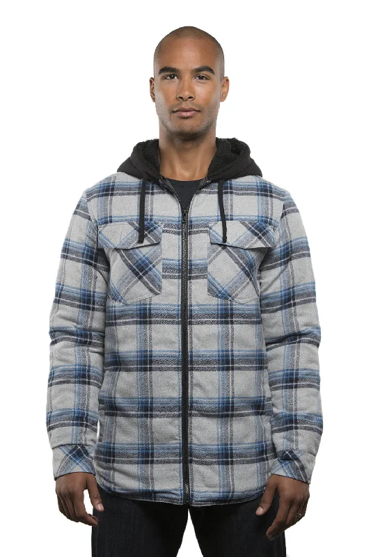 Waterproof men jackets with taped seams for heavy rain protectionBurnside Mens Quilted Flannel Full Zip Hooded Jacket - Grey/Blue