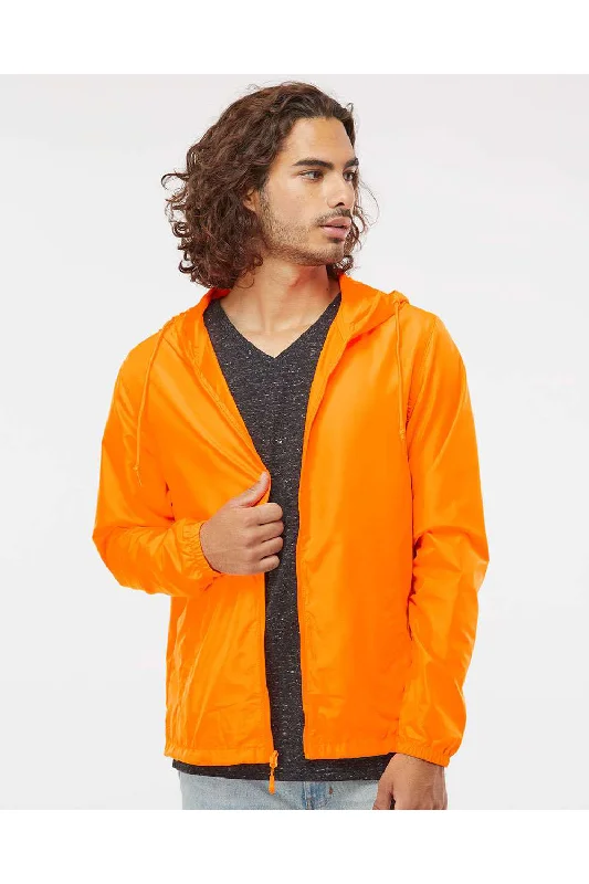 Checkered men jackets in a plaid pattern for a preppy appearanceIndependent Trading Co. Mens Water Resistant Full Zip Windbreaker Hooded Jacket - Safety Orange