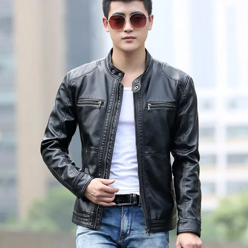 Fleece - lined men jackets for cold - weather commutingLeather Jacket Men Design Stand Collar Male Casual Motorcycle Leather Jacket Mens Fashion Veste en cuir genuine jackets jaqueta