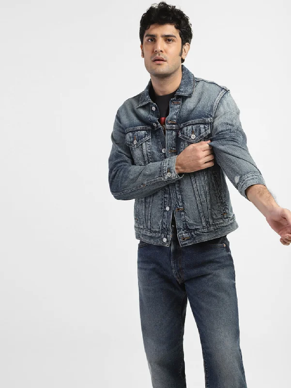 Slim - fit leather men jackets with a distressed finish for a rugged lookMen's Solid Blue Shirt Collar Denim Jacket