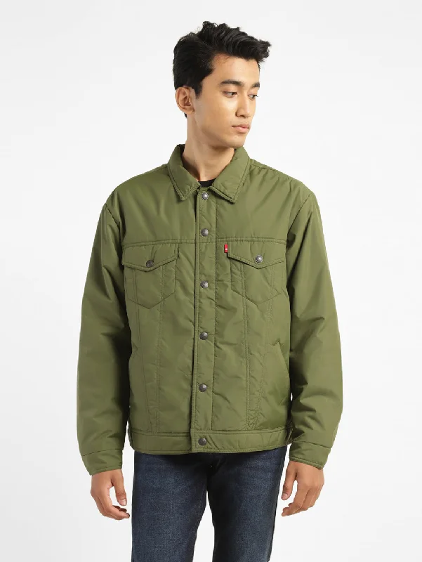 Fleece - lined men jackets for cold - weather commutingMen's Solid Green Collar Neck Padded Jacket