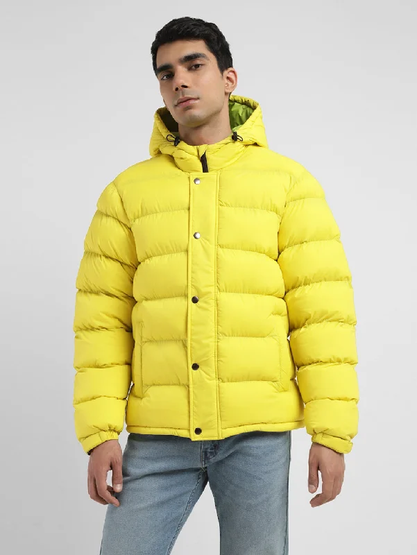 Hooded men jackets with a detachable faux - fur trim for added warmthMen's Solid Yellow Quilted Jacket