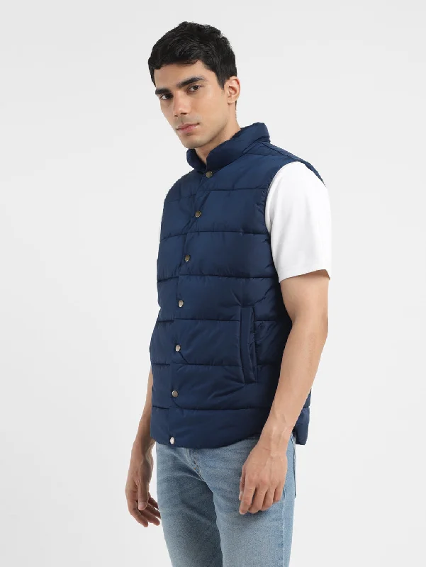 Men jackets with a media - friendly pocket for easy access to gadgetsMen's Solid Navy Band Neck Quilted Jacket