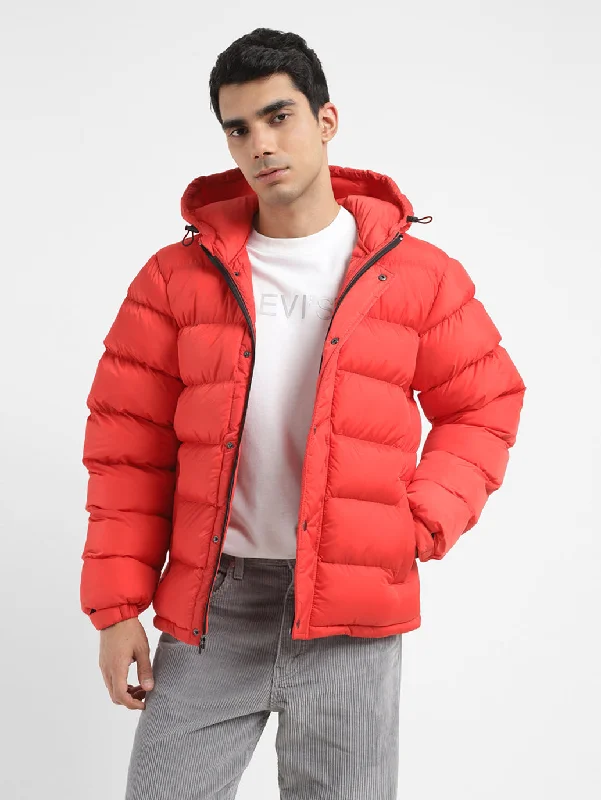 Embroidered men jackets with intricate floral designs for a unique aestheticMen's Solid Red Hooded Quilted Jacket