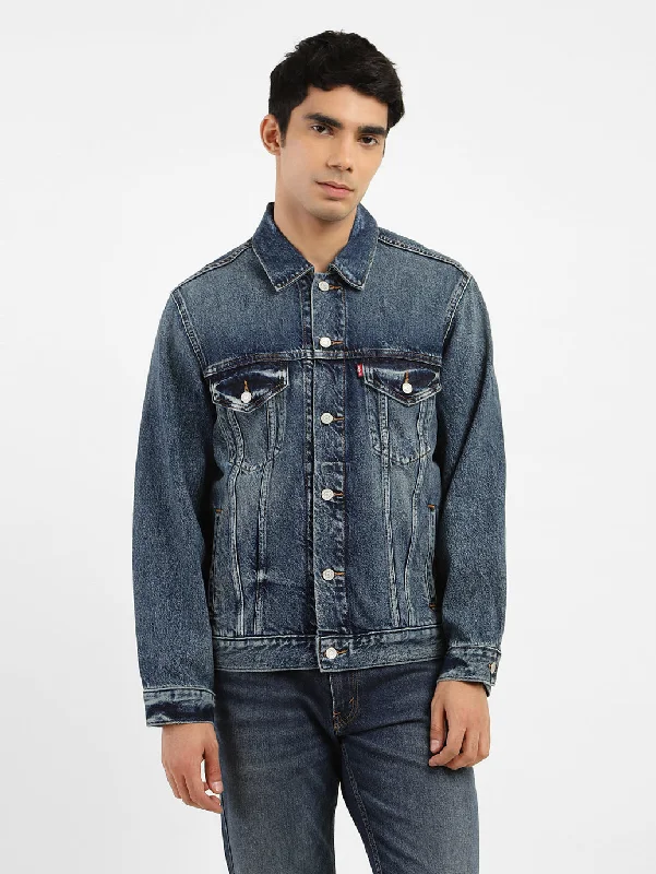 Men jackets with a zip - off sleeves to convert to a vestMen's Solid Spread Collar Denim Jacket