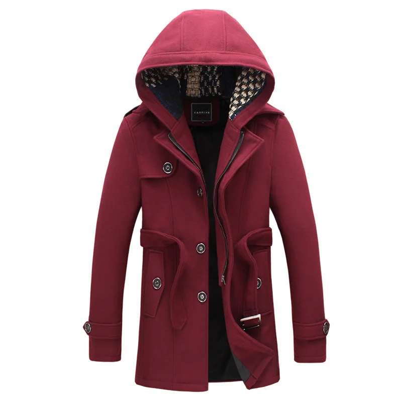 Men jackets with a built - in hood that can be stowed away when not in useNew 2018 Autumn/Winter Men's Fashion Brand Men Long Section Men Plus Cotton Coat Thick Woolen Coat Hooded woolen jacket