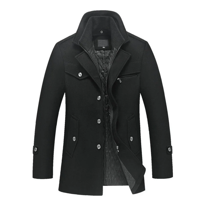 Performance - driven men jackets with breathable fabric for sportsNew men's winter padded wool jackets coats removable quilted lining button wool blends pea coat thick padded jacket coat men