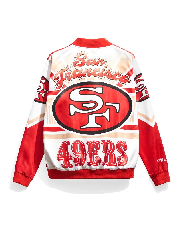 Denim men jackets with embroidered patches for a personalized touchSan Francisco 49ers Logo Fanimation Satin Jacket