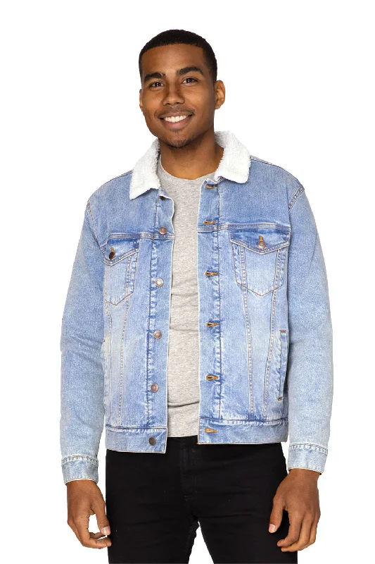 Bomber men jackets with ribbed cuffs for a classic 80s styleThreadfast Apparel Mens Sherpa Lined Button Down Denim Jacket - Light Blue