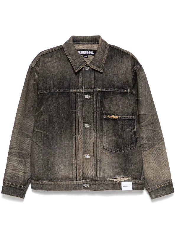 Denim men jackets with embroidered patches for a personalized touchWashed-Effect Denim Jacket