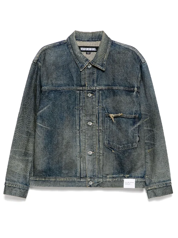 Men jackets with a media - friendly pocket for easy access to gadgetsWashed-Effect Denim Jacket