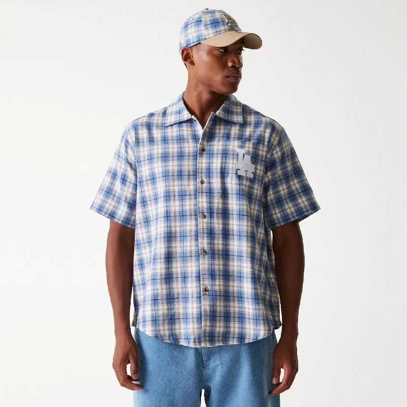 Men's short - sleeve linen t - shirts for summer beach outingsMen's short - sleeve linen t - shirts for summer beach outingsLA Dodgers Plaid Blue Short Sleeve Shirt