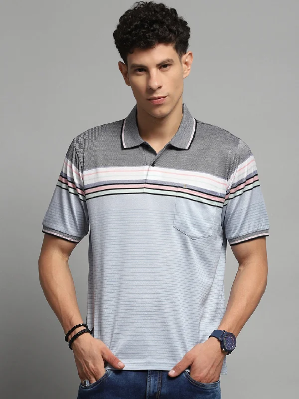 Men's ribbed t - shirts with a textured finish for added styleMen's ribbed t - shirts with a textured finish for added styleMen Blue Stripe Collar Half Sleeve T-Shirt