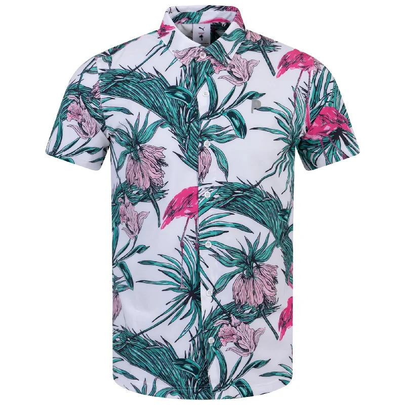 Men's slim fit short sleeve polo shirts with contrast collarsPuma X PTC Print Button Down White Glow-Charming Pink - AW23